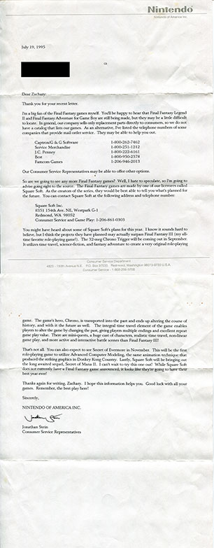 1995 Nintendo of America letter about SquareSoft, Final Fantasy, and Chrono Trigger