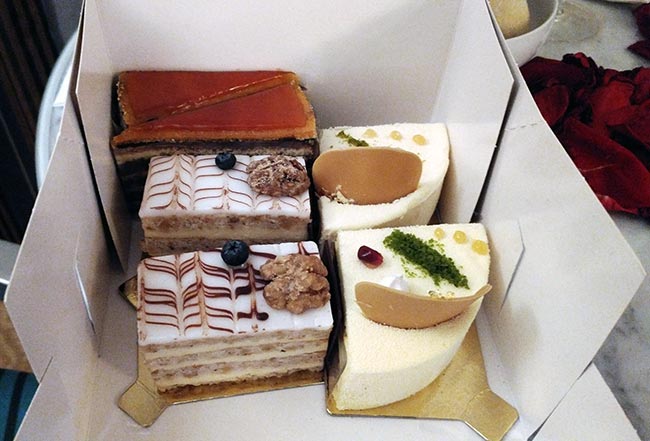 Enjoying our desserts (The Dobos, Esterházy, and Émile cakes) from Café Gerbeaud