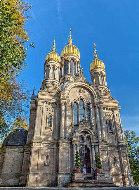 St. Elizabeth Russian Orthodox Church in Wiesbaden, Germany in the sunlight