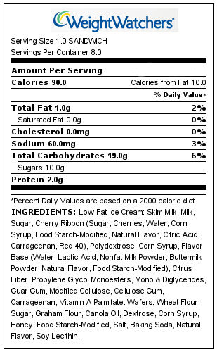 Weight Watchers Cherry Cheesecake Ice Cream Sandwiches nutrition chart